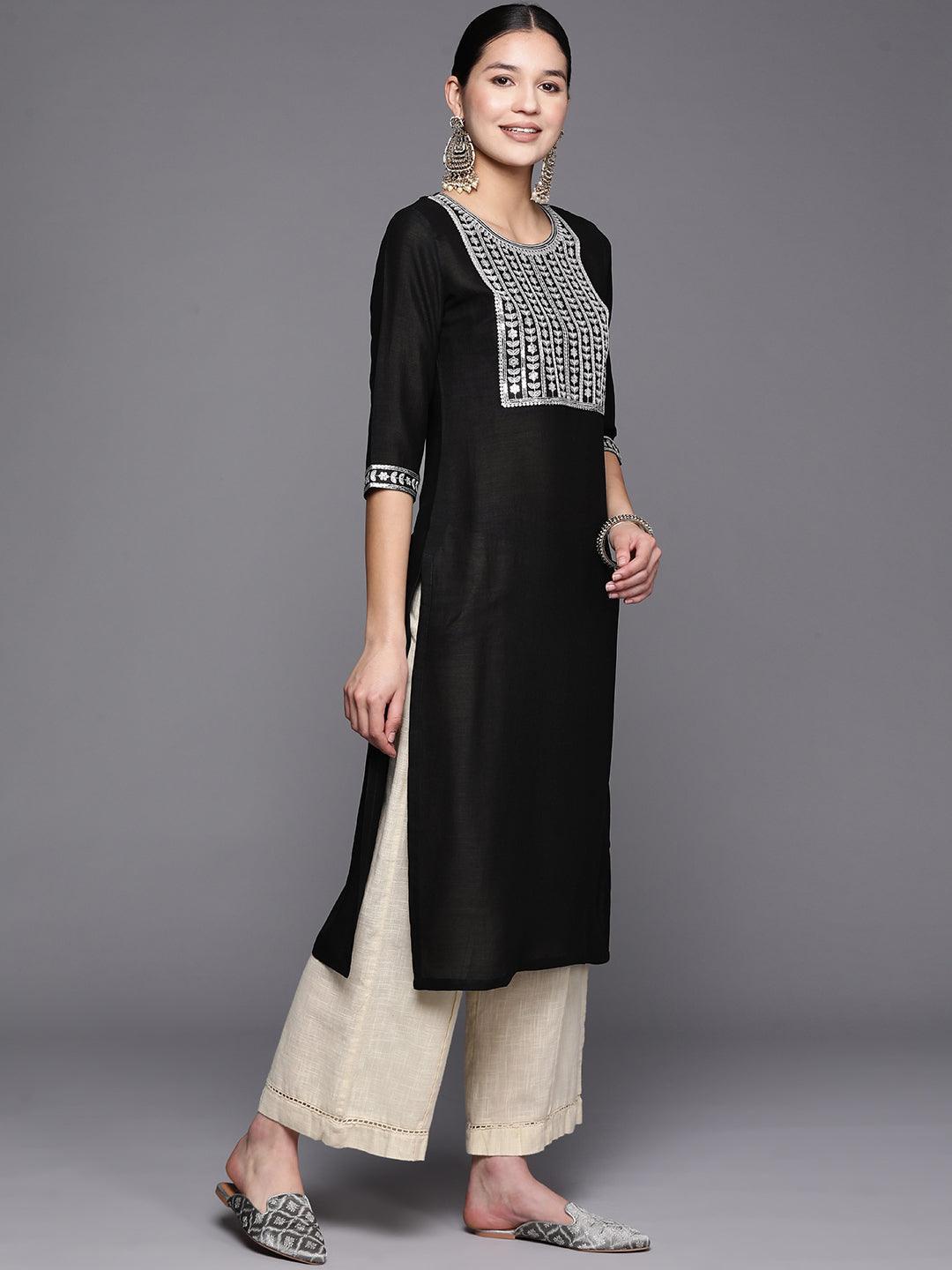 Black Yoke Design Silk Straight Kurta - ShopLibas