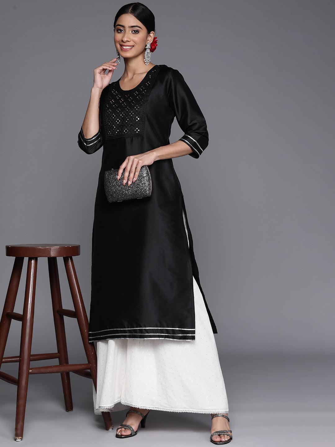 Black Yoke Design Silk Straight Kurta - ShopLibas 