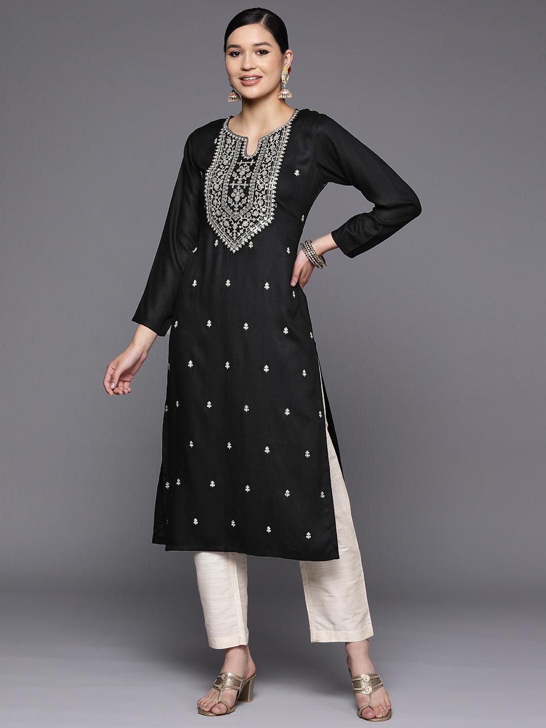 Black Yoke Design Wool Straight Kurta - Libas