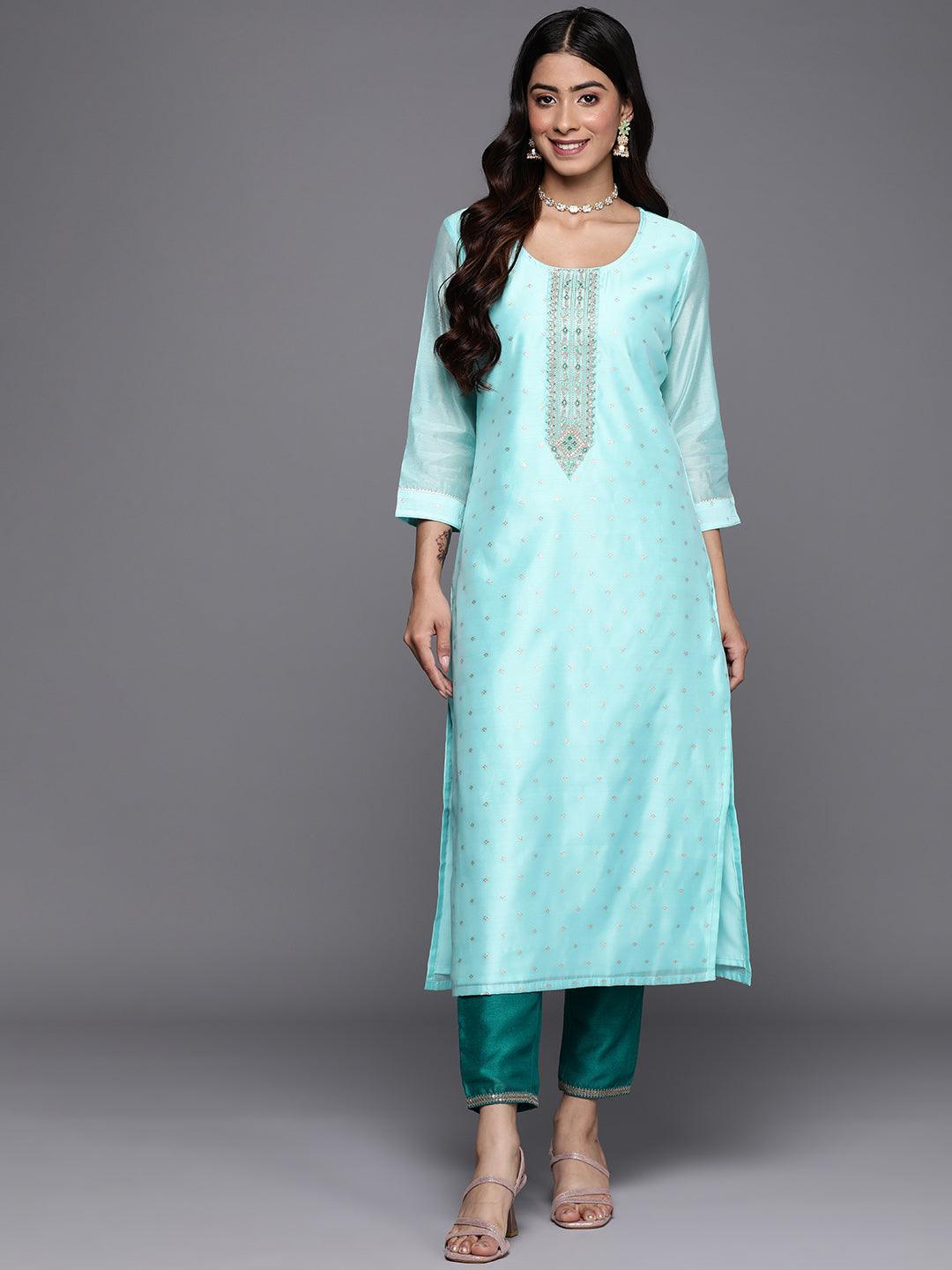 Blue Embellished Chanderi Silk Straight Kurta - ShopLibas
