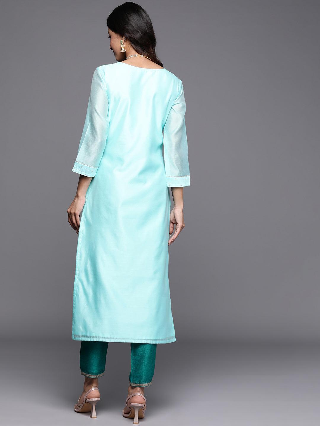Blue Embellished Chanderi Silk Straight Kurta - ShopLibas 