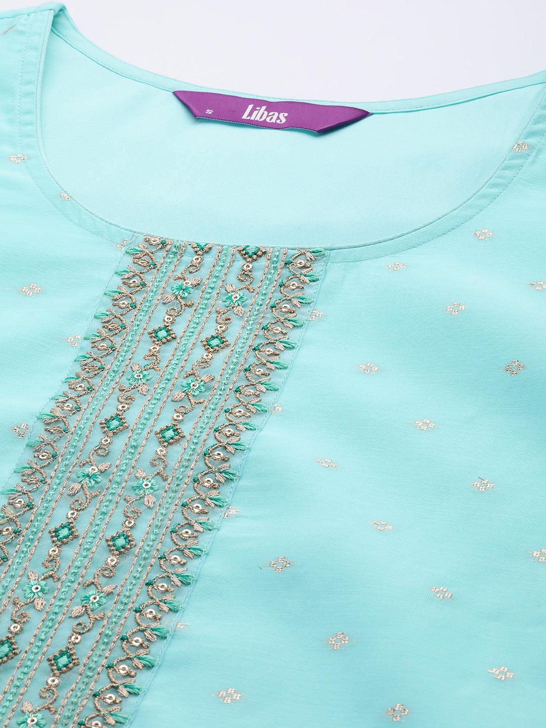 Blue Embellished Chanderi Silk Straight Kurta - ShopLibas 