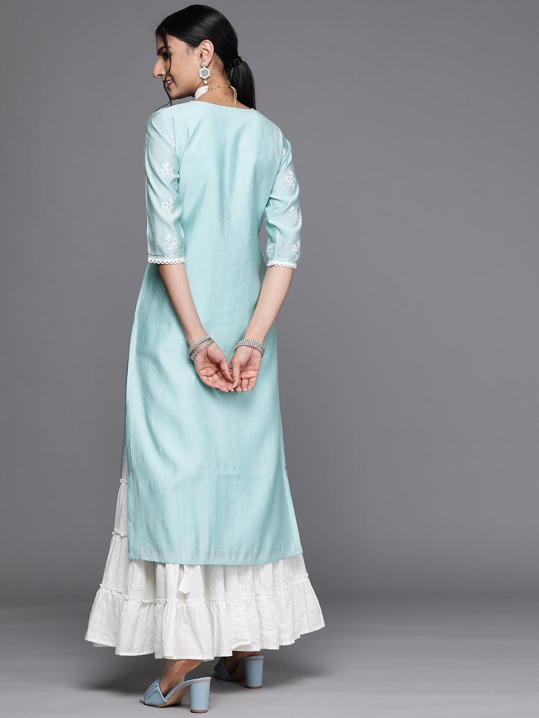 Blue Embroidered Chanderi Silk Kurta - ShopLibas