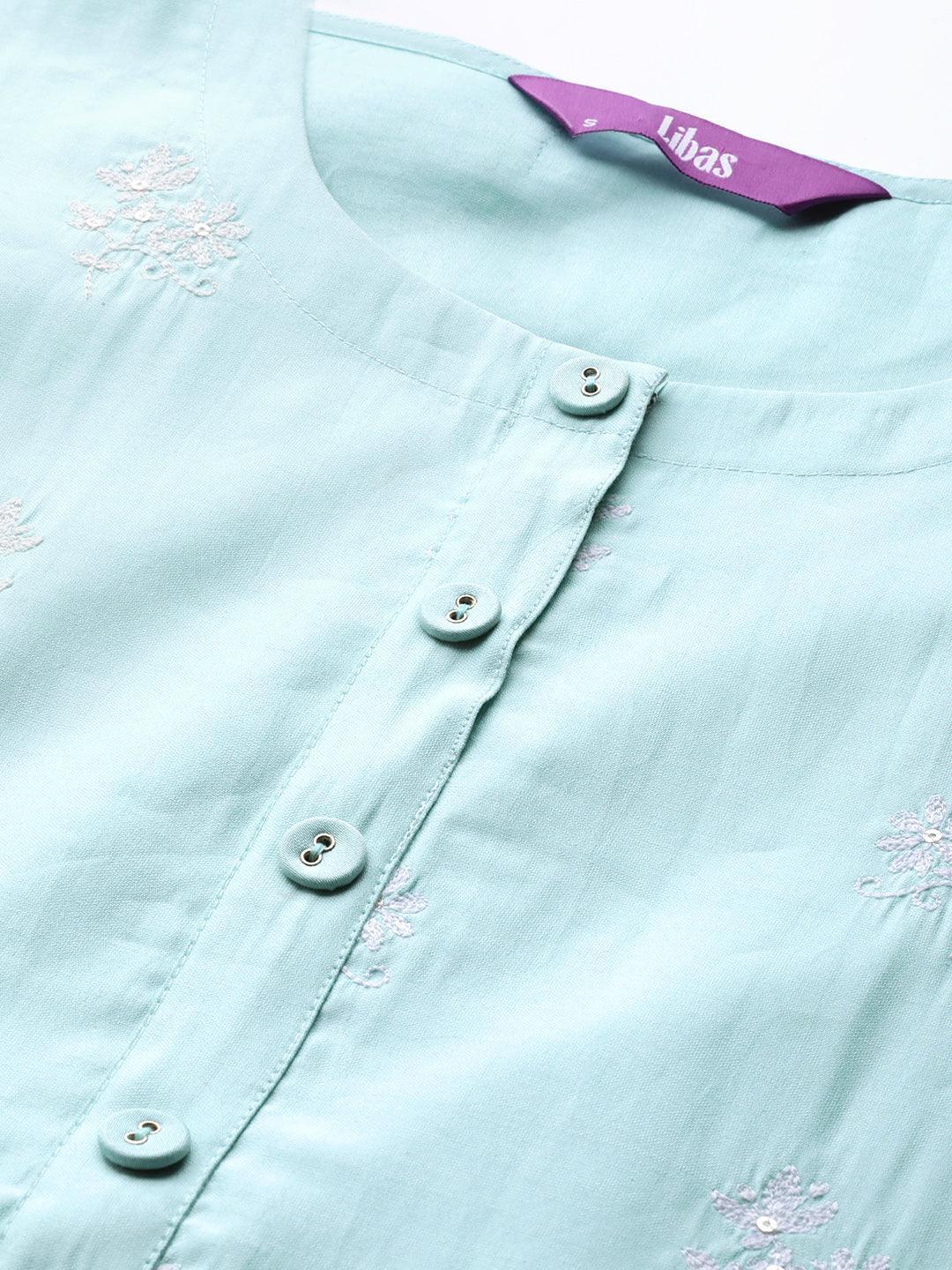 Blue Embroidered Chanderi Silk Kurta - ShopLibas