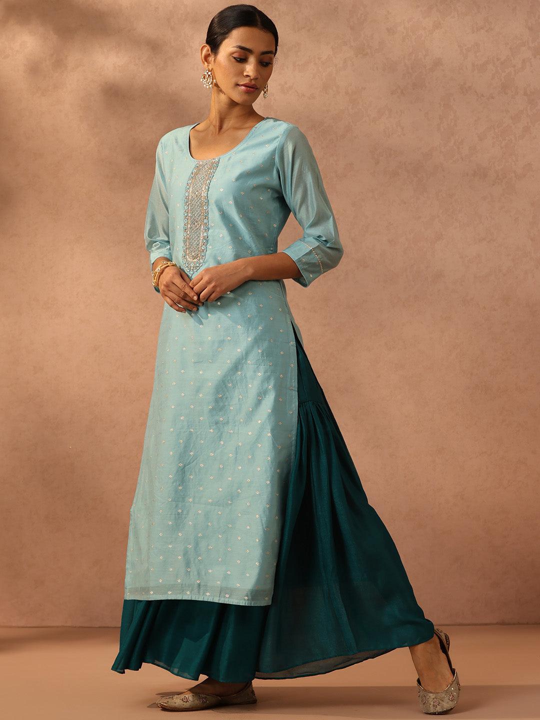 Blue Embroidered Chanderi Silk Straight Kurta - ShopLibas