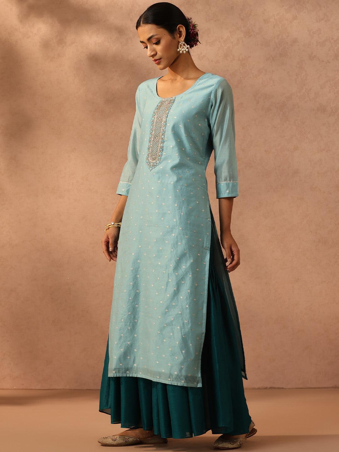 Blue Embroidered Chanderi Silk Straight Kurta - ShopLibas 