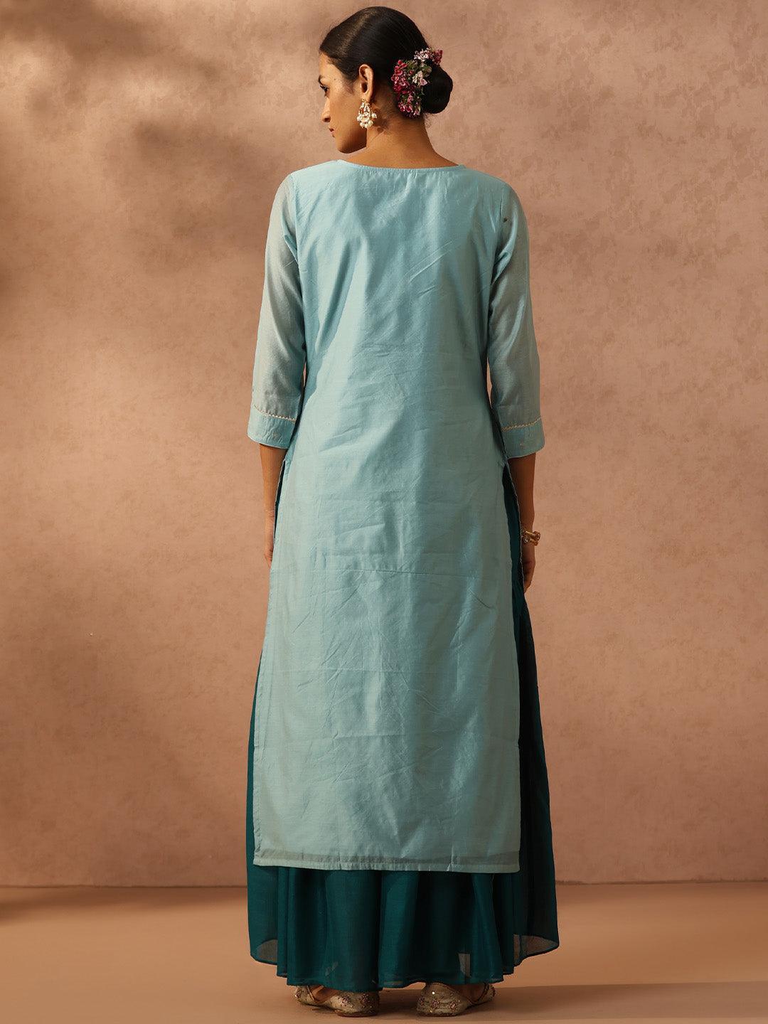 Blue Embroidered Chanderi Silk Straight Kurta - ShopLibas 