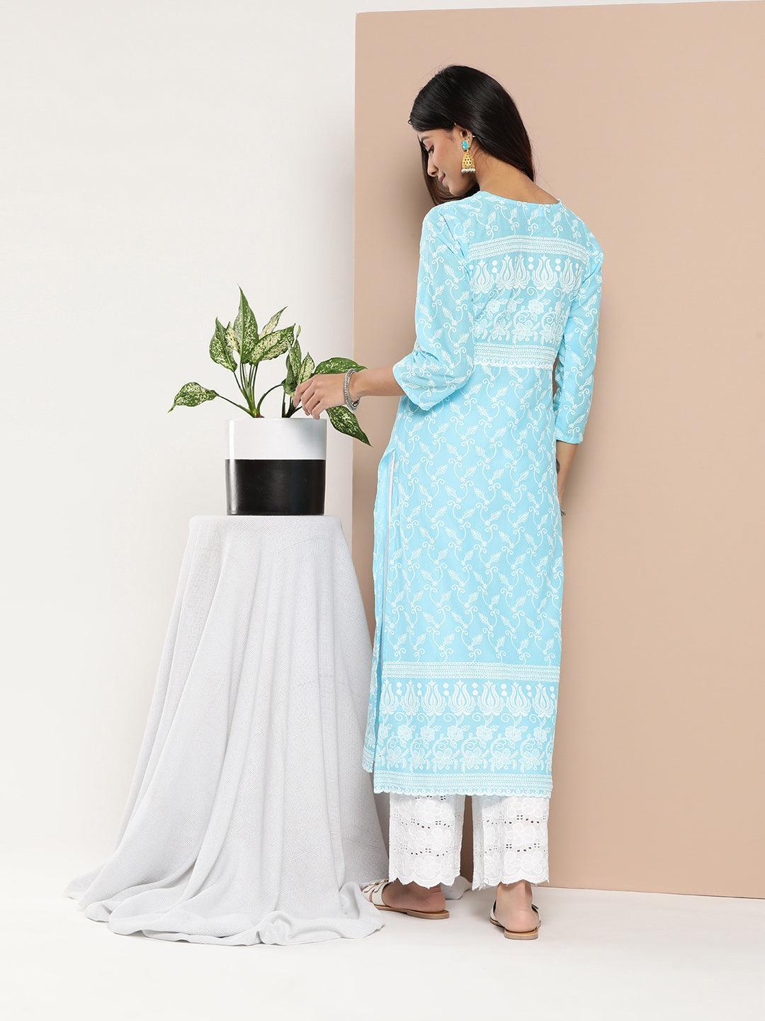 Blue Embroidered Cotton Straight Kurta - ShopLibas 