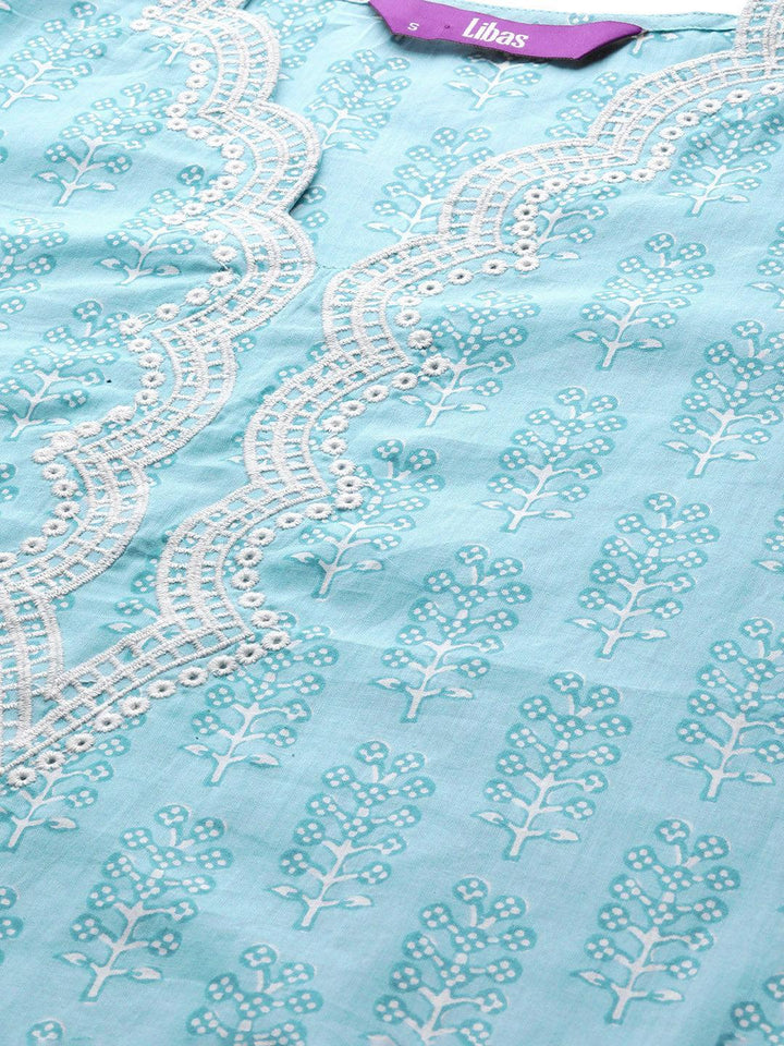 Blue Embroidered Cotton Straight Suit Set With Trousers - ShopLibas