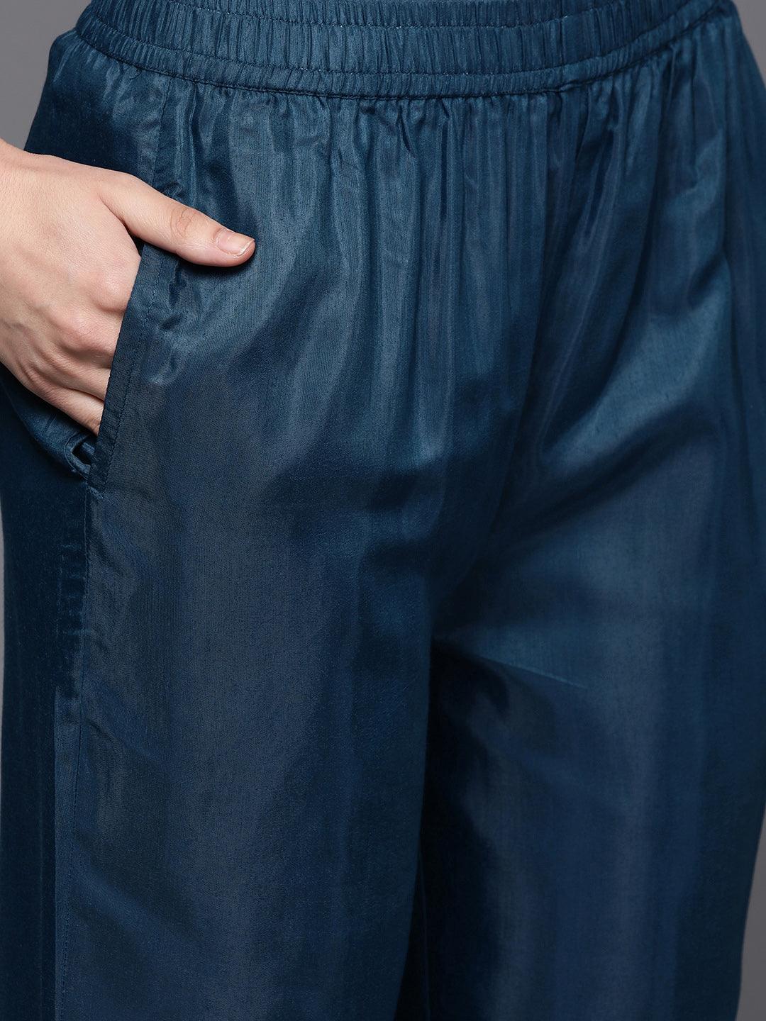 Blue Embroidered Georgette A-Line Kurta With Trousers & Dupatta - Libas