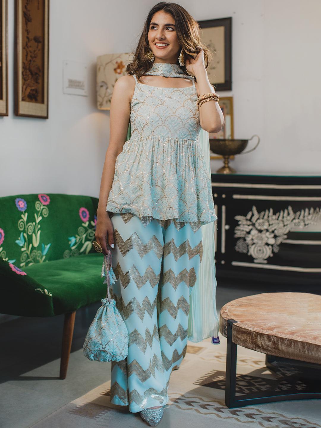 Blue Embroidered Georgette Suit Set With Potli - ShopLibas