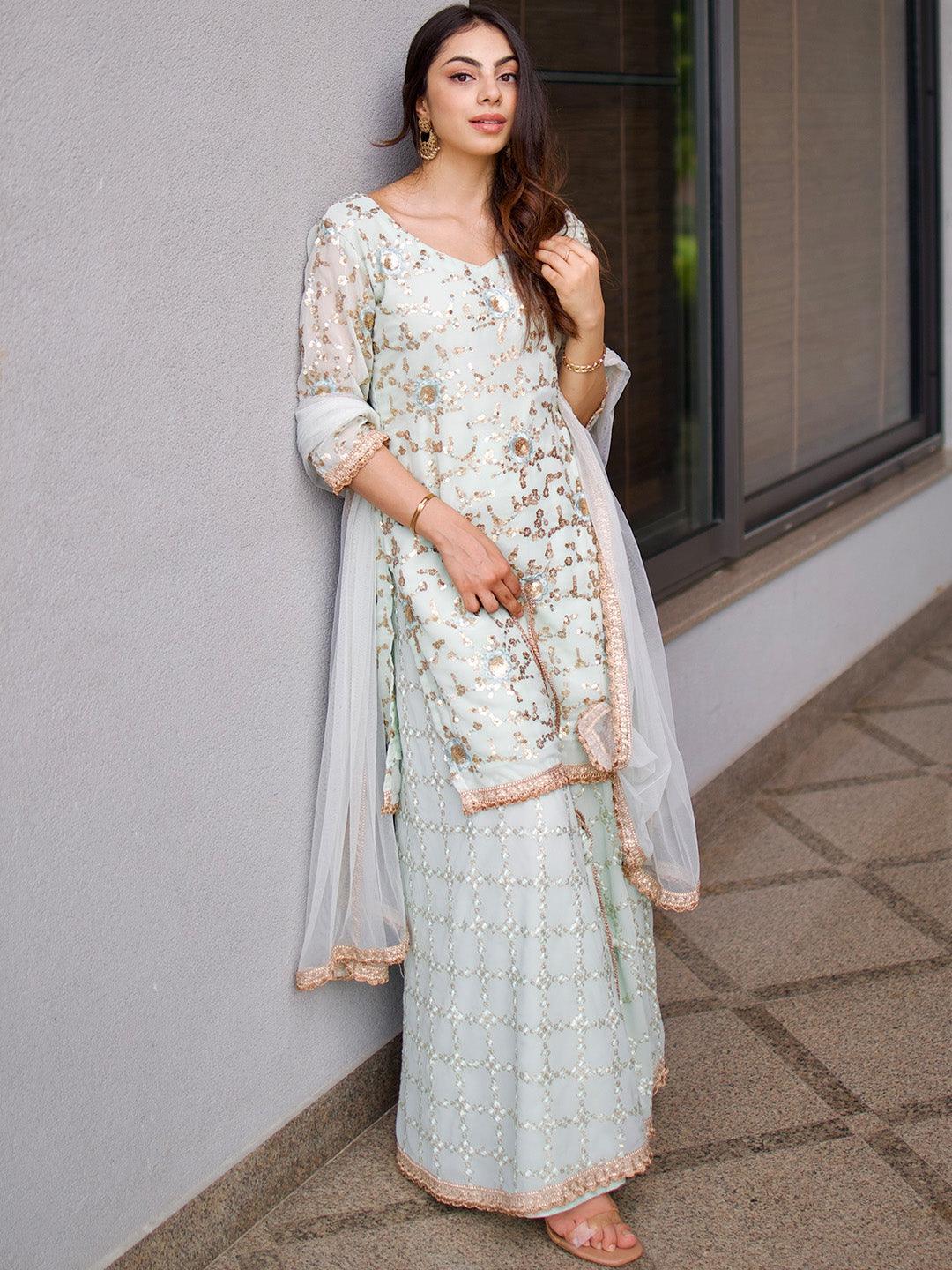 Blue Embroidered Georgette Straight Suit Set - ShopLibas