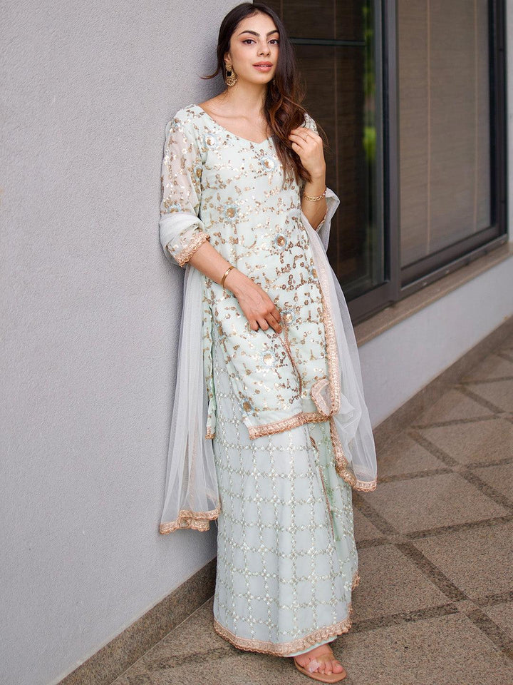Blue Embroidered Georgette Straight Suit Set - ShopLibas