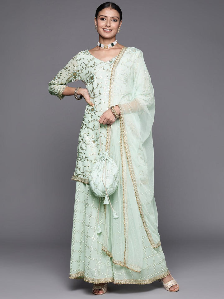 Blue Embroidered Georgette Straight Suit Set - ShopLibas