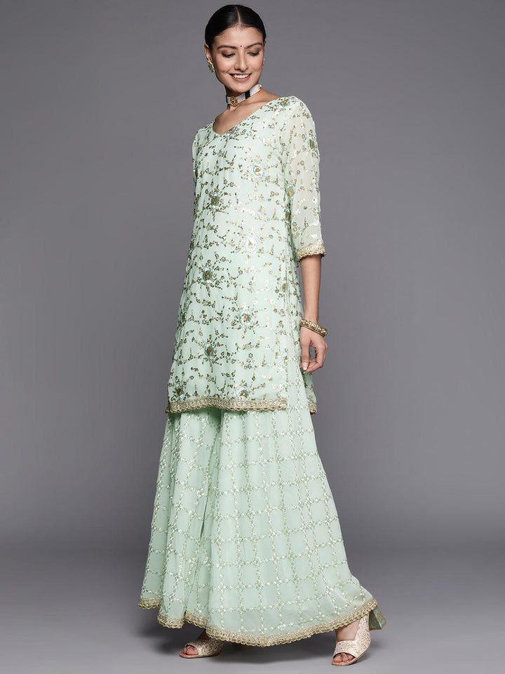 Blue Embroidered Georgette Straight Suit Set - ShopLibas