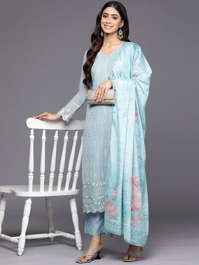 Blue Embroidered Georgette Straight Suit Set With Trousers - ShopLibas