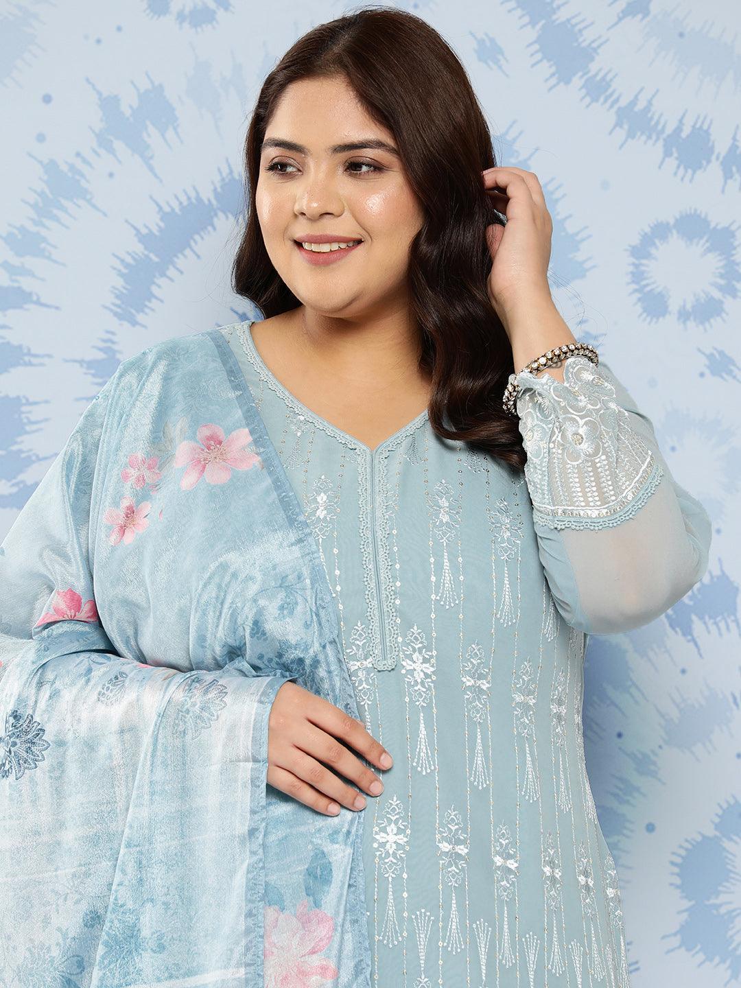 Blue Embroidered Georgette Straight Kurta With Trousers and Dupatta - Libas 