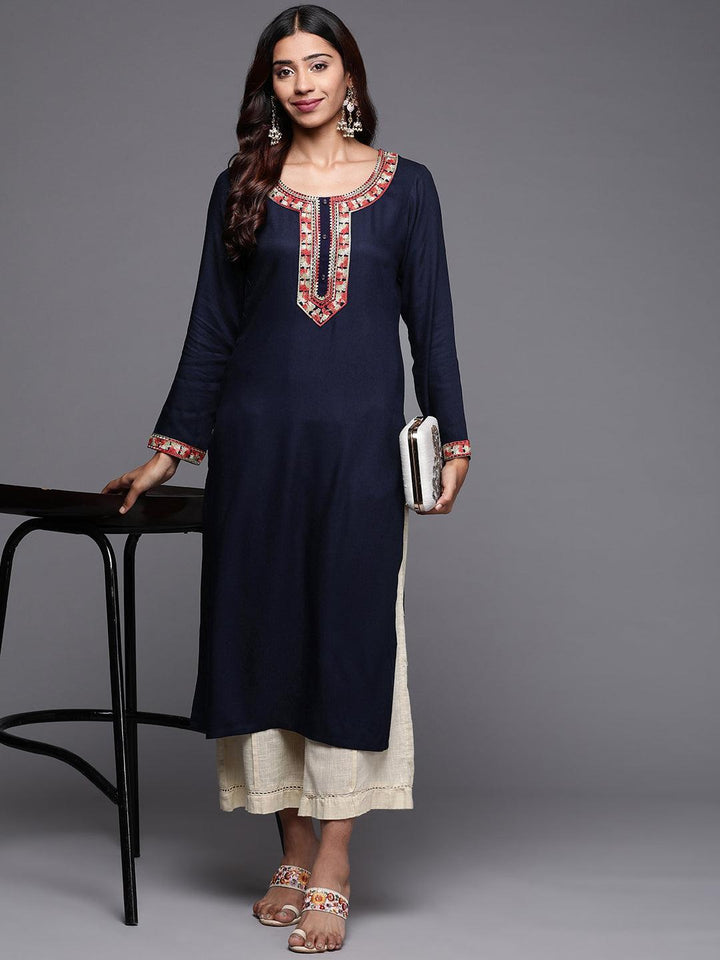 Blue Embroidered Pashmina Wool Straight Kurta