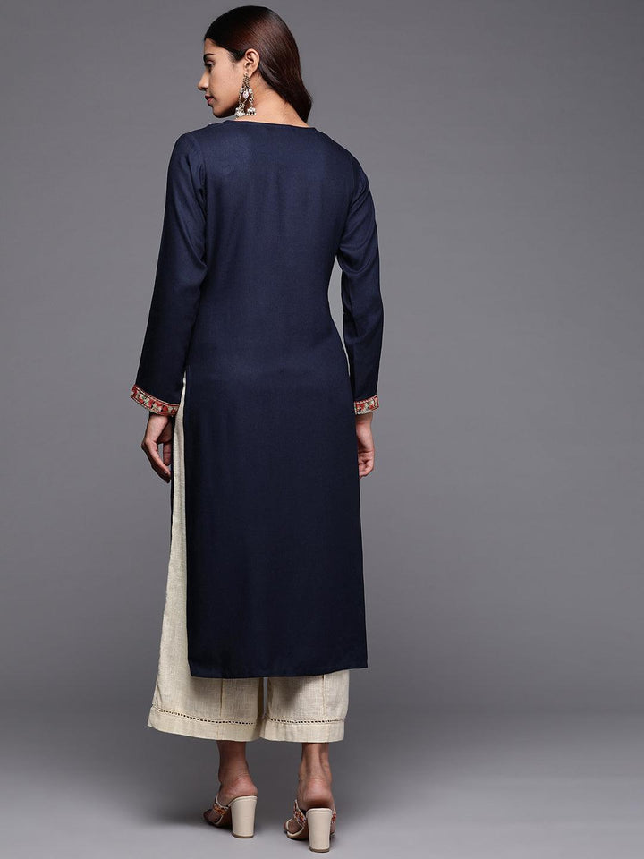 Blue Embroidered Pashmina Wool Straight Kurta