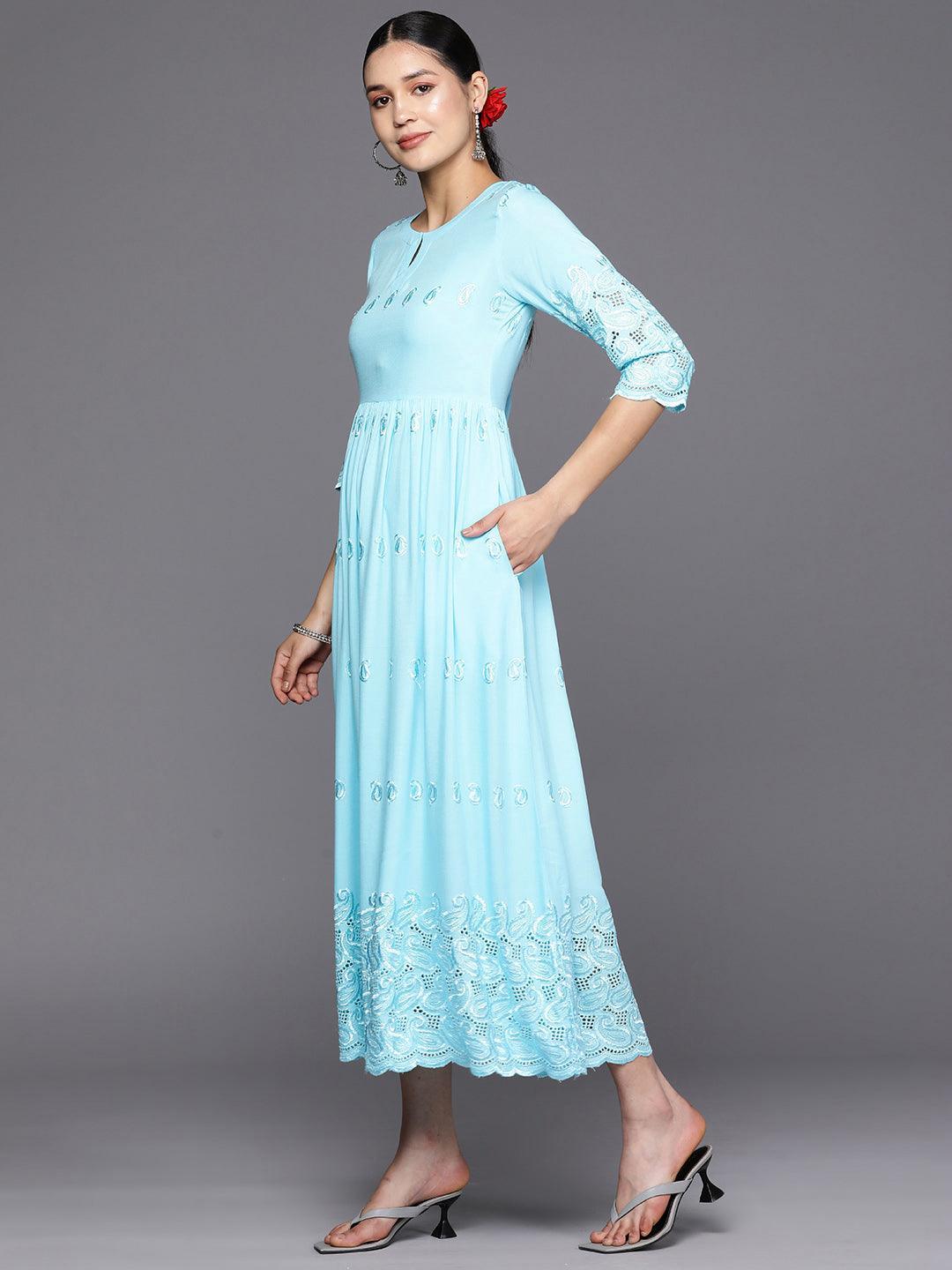Blue Embroidered Rayon Fit and Flare Dress Blue Embroidered Rayon Fit and Flare Dress