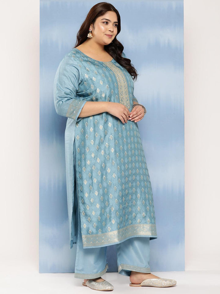 Blue Embroidered Silk Blend Straight Kurta With Trousers and Dupatta
