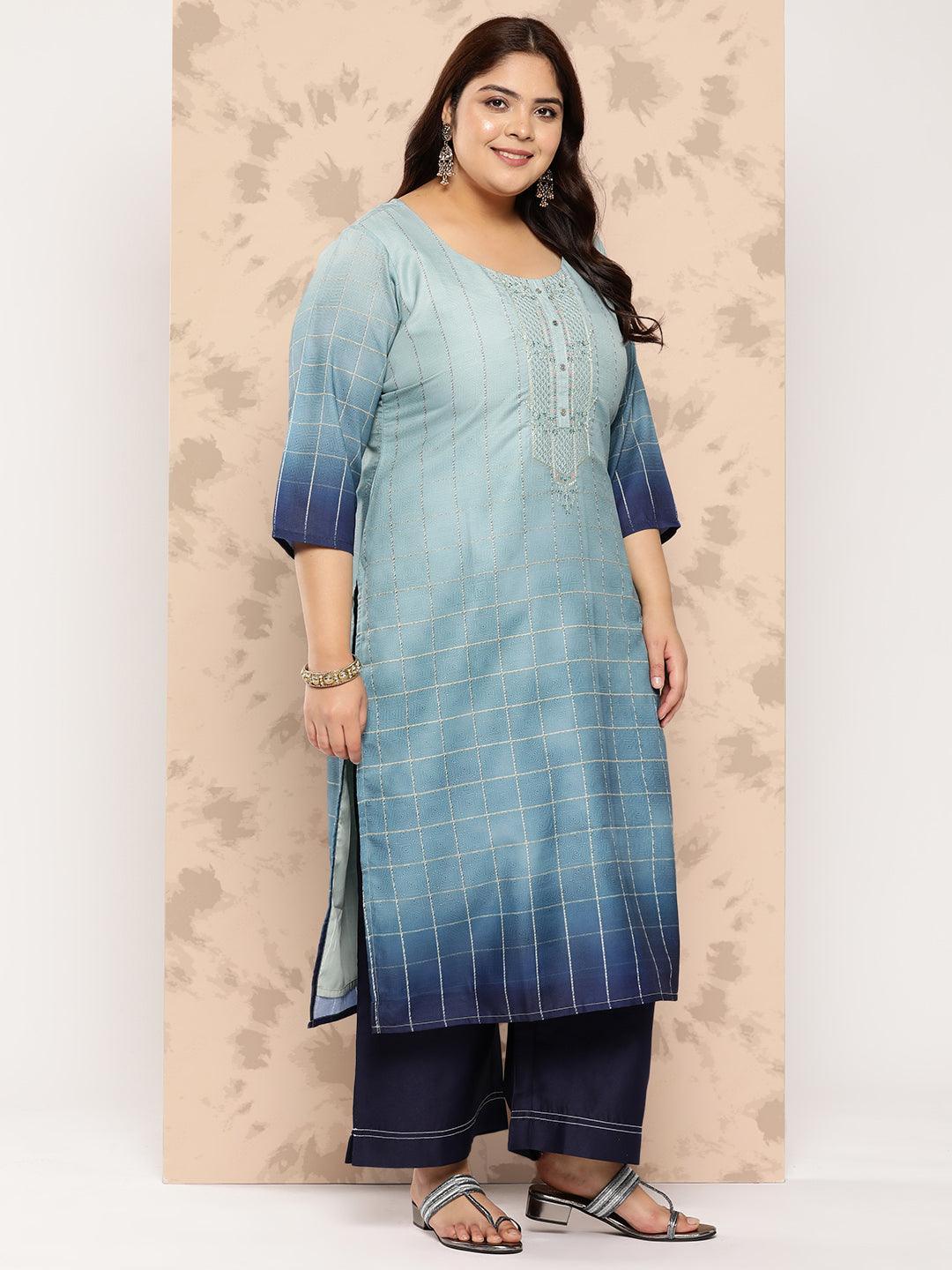 Blue Embroidered Silk Blend Straight Kurta With Trousers and Dupatta - Libas 