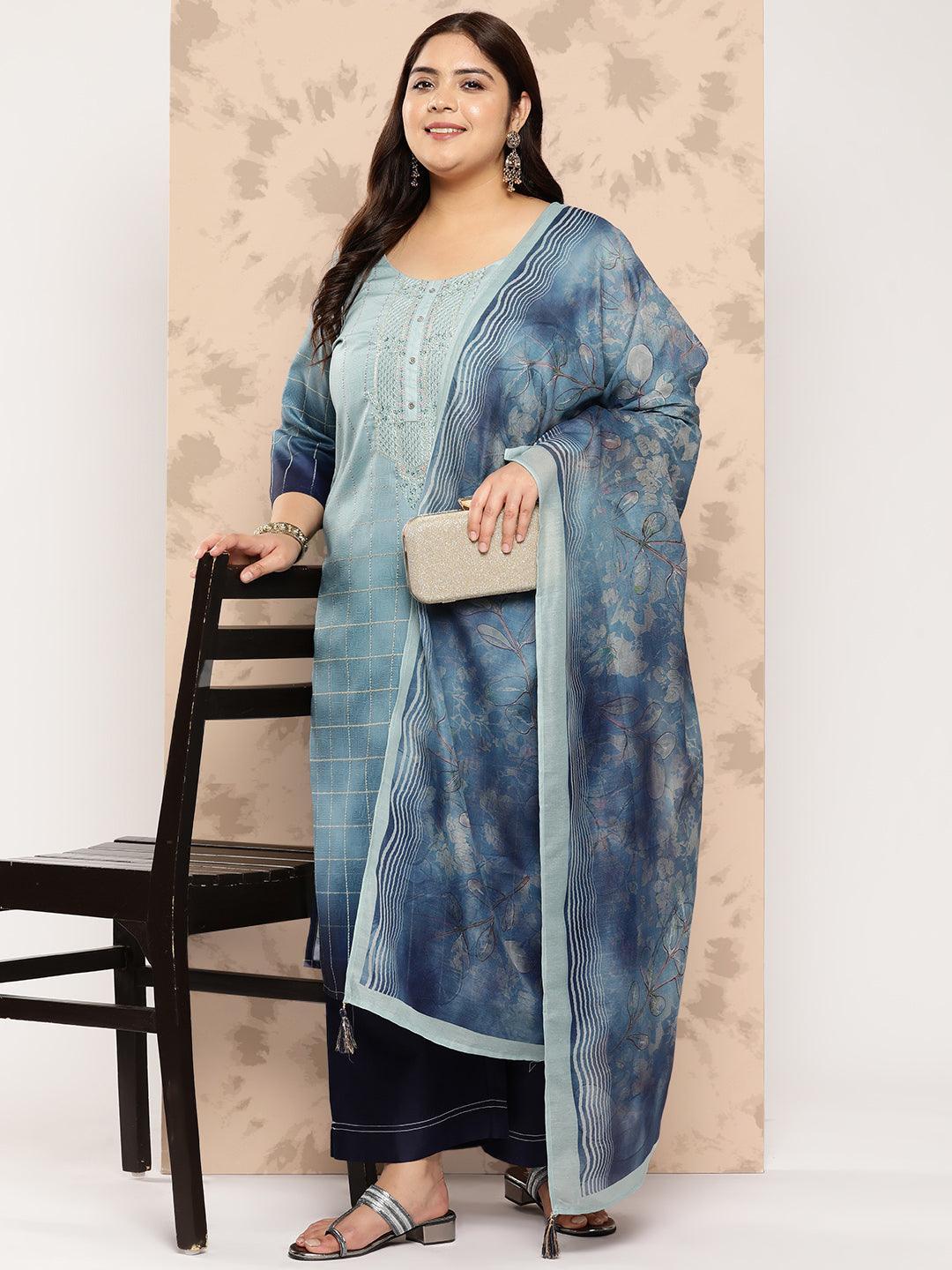 Blue Embroidered Silk Blend Straight Kurta With Trousers and Dupatta - Libas 