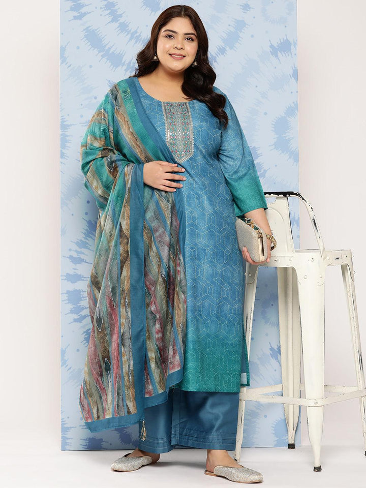 Blue Embroidered Silk Blend Straight Kurta With Trousers and Dupatta