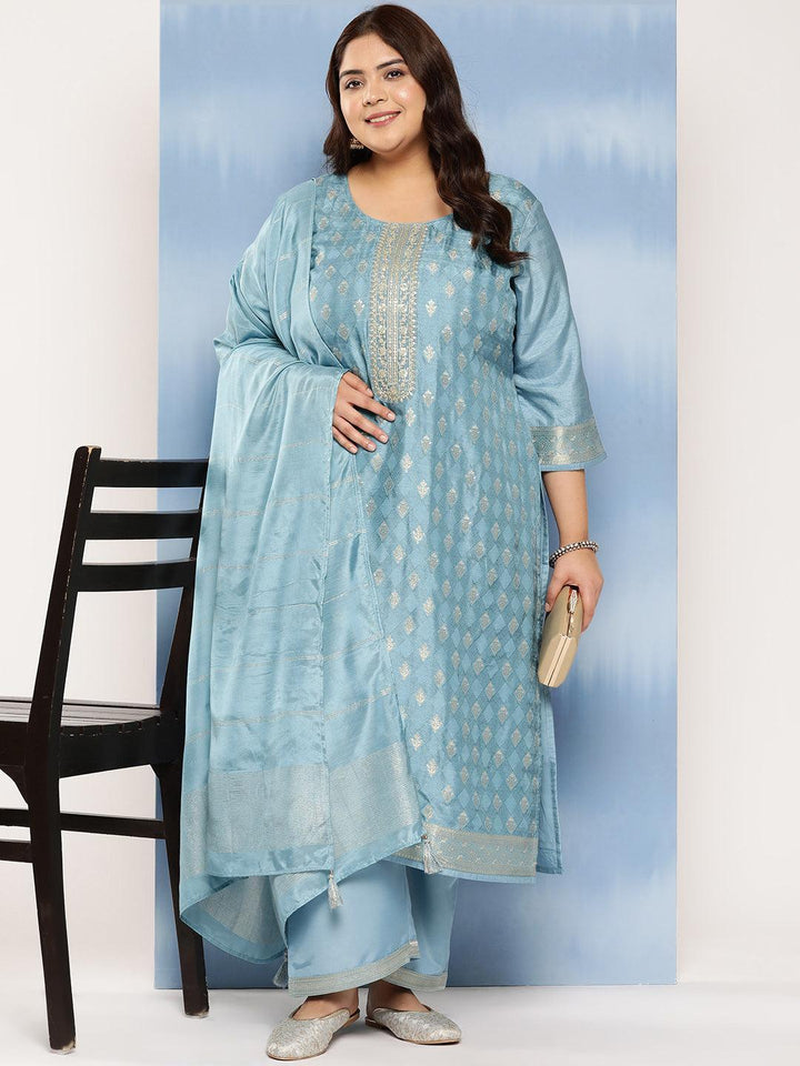 Blue Embroidered Silk Blend Straight Kurta With Trousers and Dupatta
