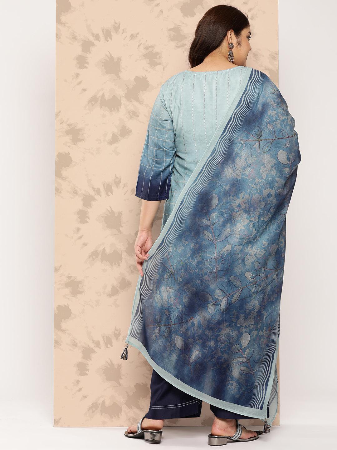 Blue Embroidered Silk Blend Straight Kurta With Trousers and Dupatta - Libas 