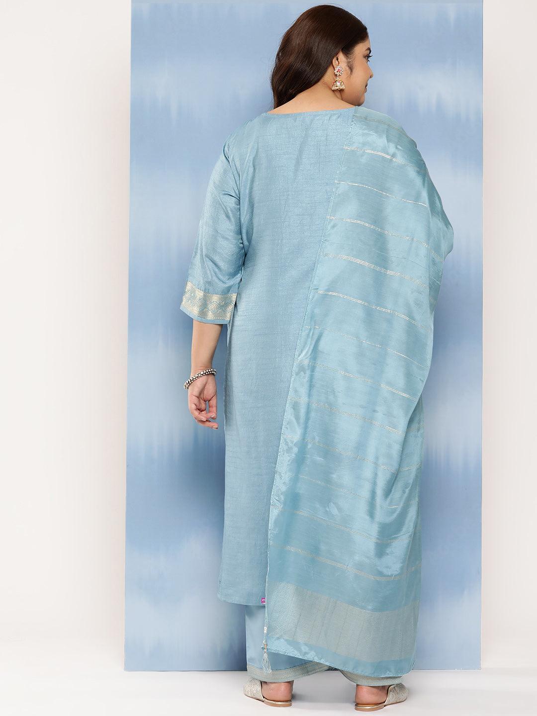 Blue Embroidered Silk Blend Straight Kurta With Trousers and Dupatta - Libas 