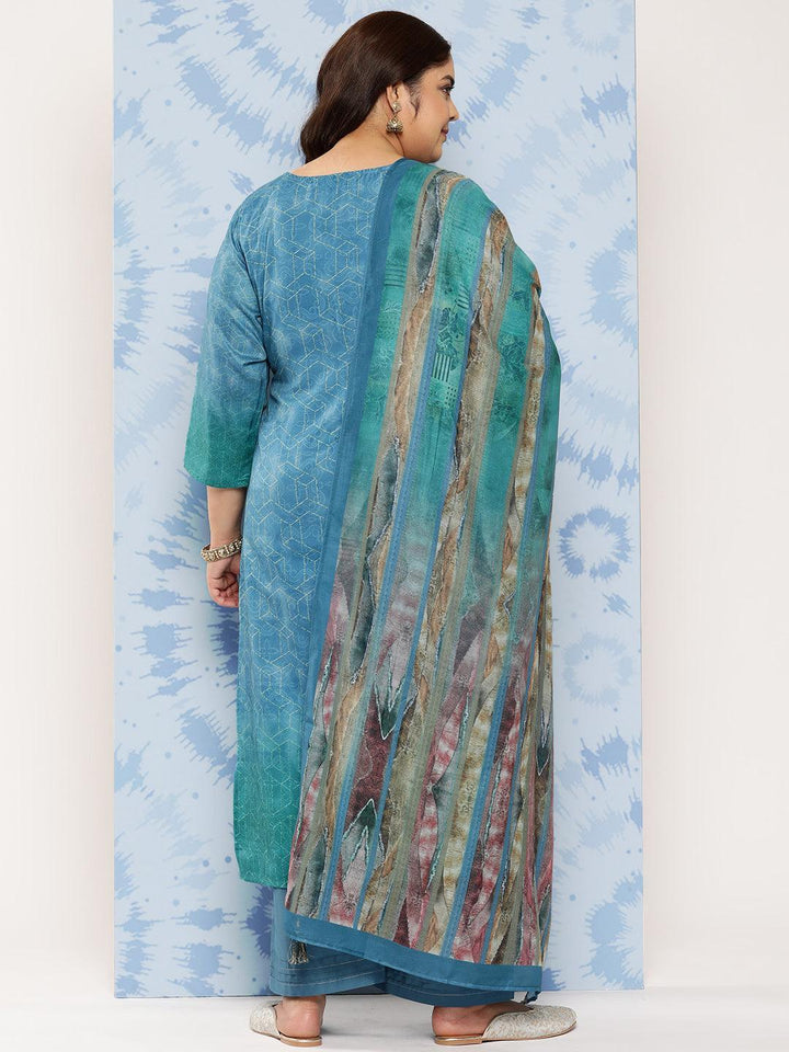 Blue Embroidered Silk Blend Straight Kurta With Trousers and Dupatta
