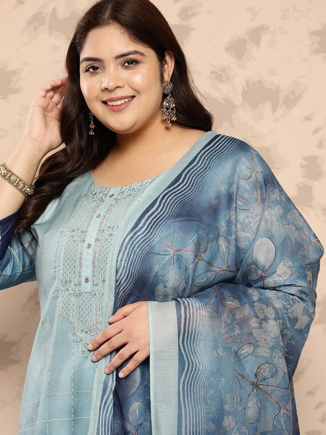 Blue Embroidered Silk Blend Straight Kurta With Trousers and Dupatta - Libas 