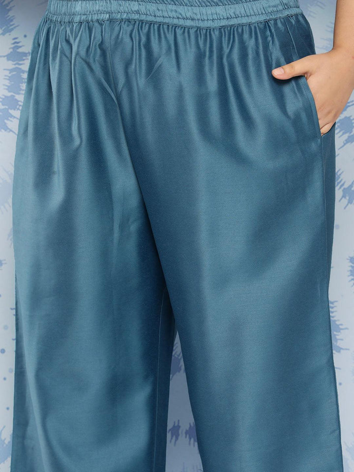 Blue Embroidered Silk Blend Straight Kurta With Trousers and Dupatta