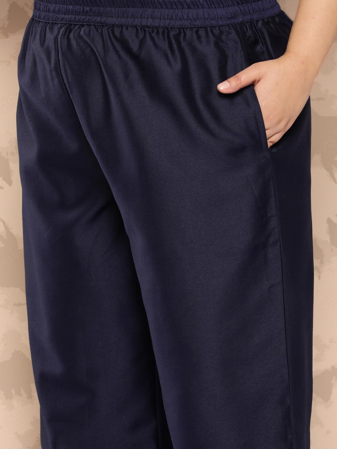 Blue Embroidered Silk Blend Straight Kurta With Trousers and Dupatta - Libas 