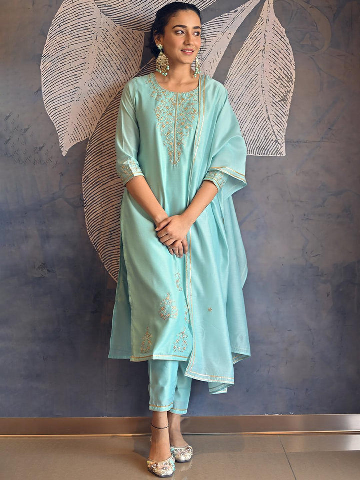 Blue Printed Chanderi Silk Suit Set - ShopLibas