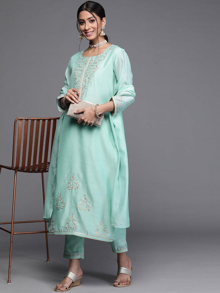 Blue Printed Chanderi Silk Suit Set - ShopLibas