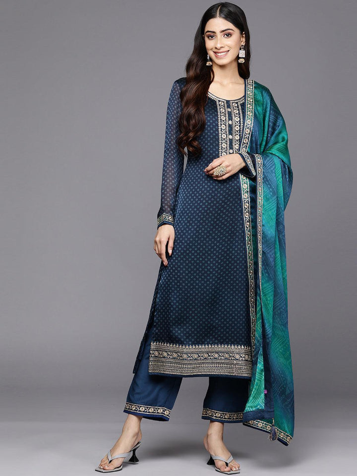 Blue Printed Chiffon Straight Suit Set With Trousers - ShopLibas