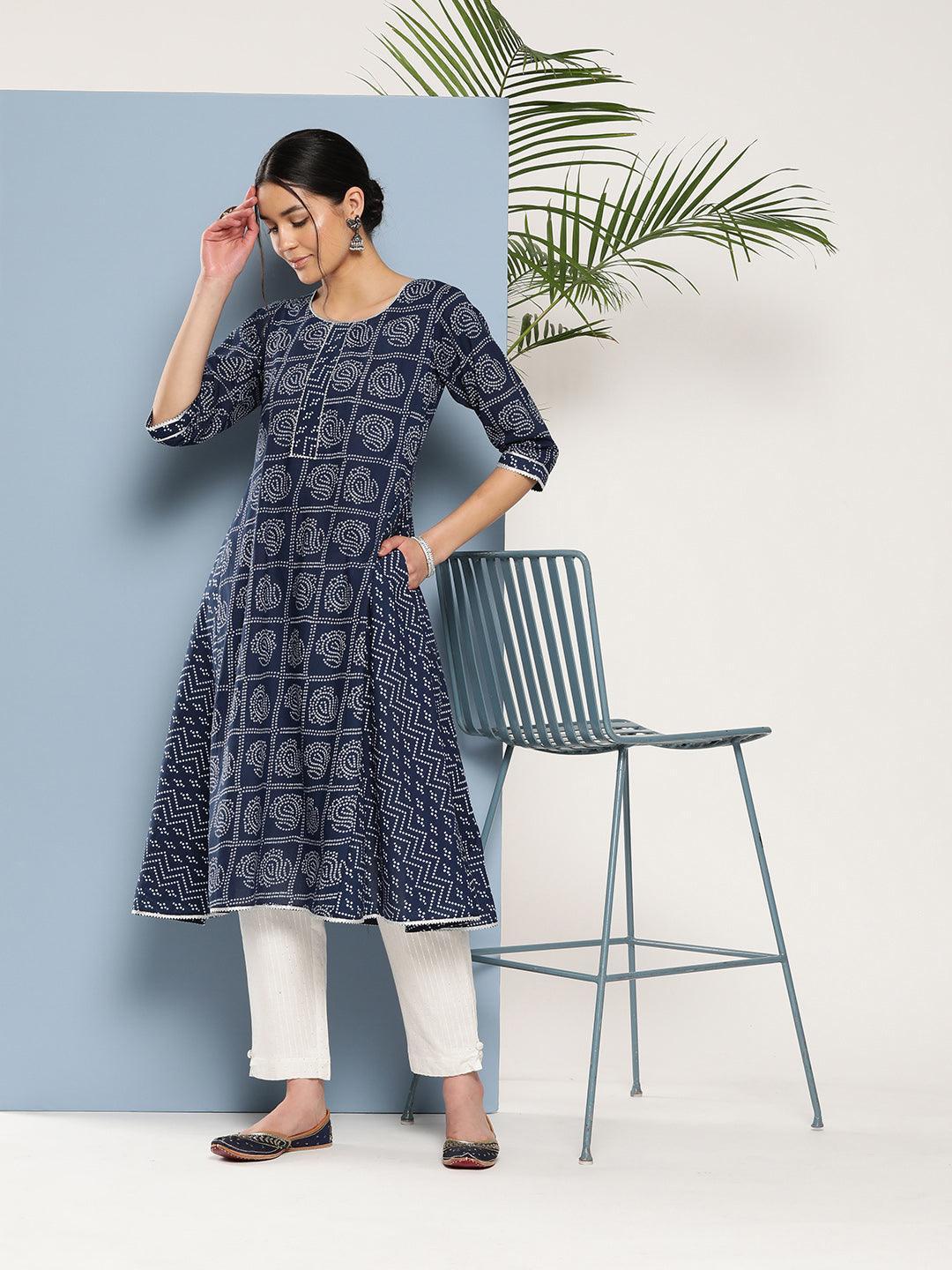 Blue Printed Cotton A-Line Kurta - ShopLibas