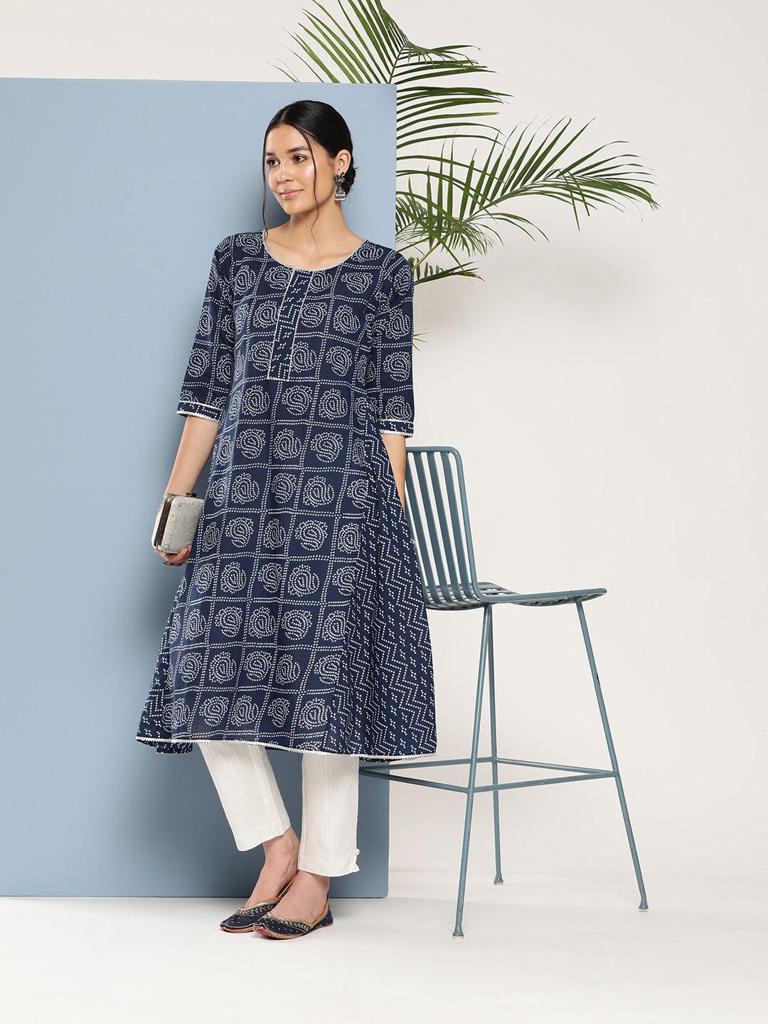 Blue Printed Cotton A-Line Kurta - ShopLibas