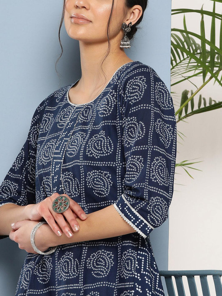 Blue Printed Cotton A-Line Kurta - ShopLibas