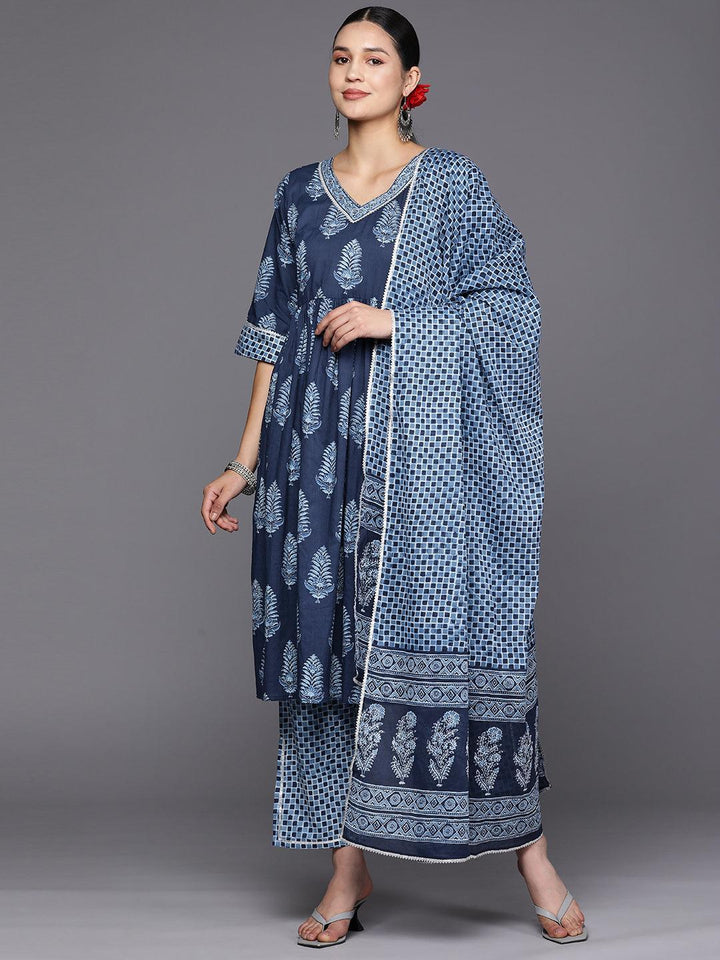 Blue Printed Cotton A-Line Suit Set With Trousers - ShopLibas