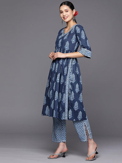 Blue Printed Cotton A-Line Suit Set With Trousers - ShopLibas