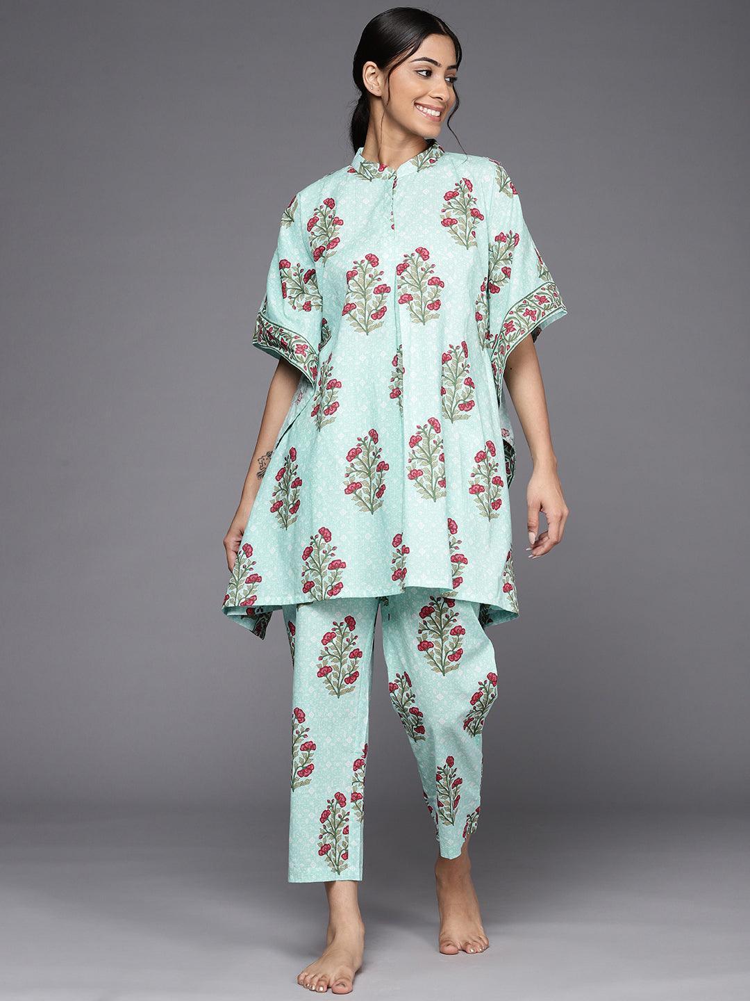 Blue Printed Cotton Night Suit - ShopLibas