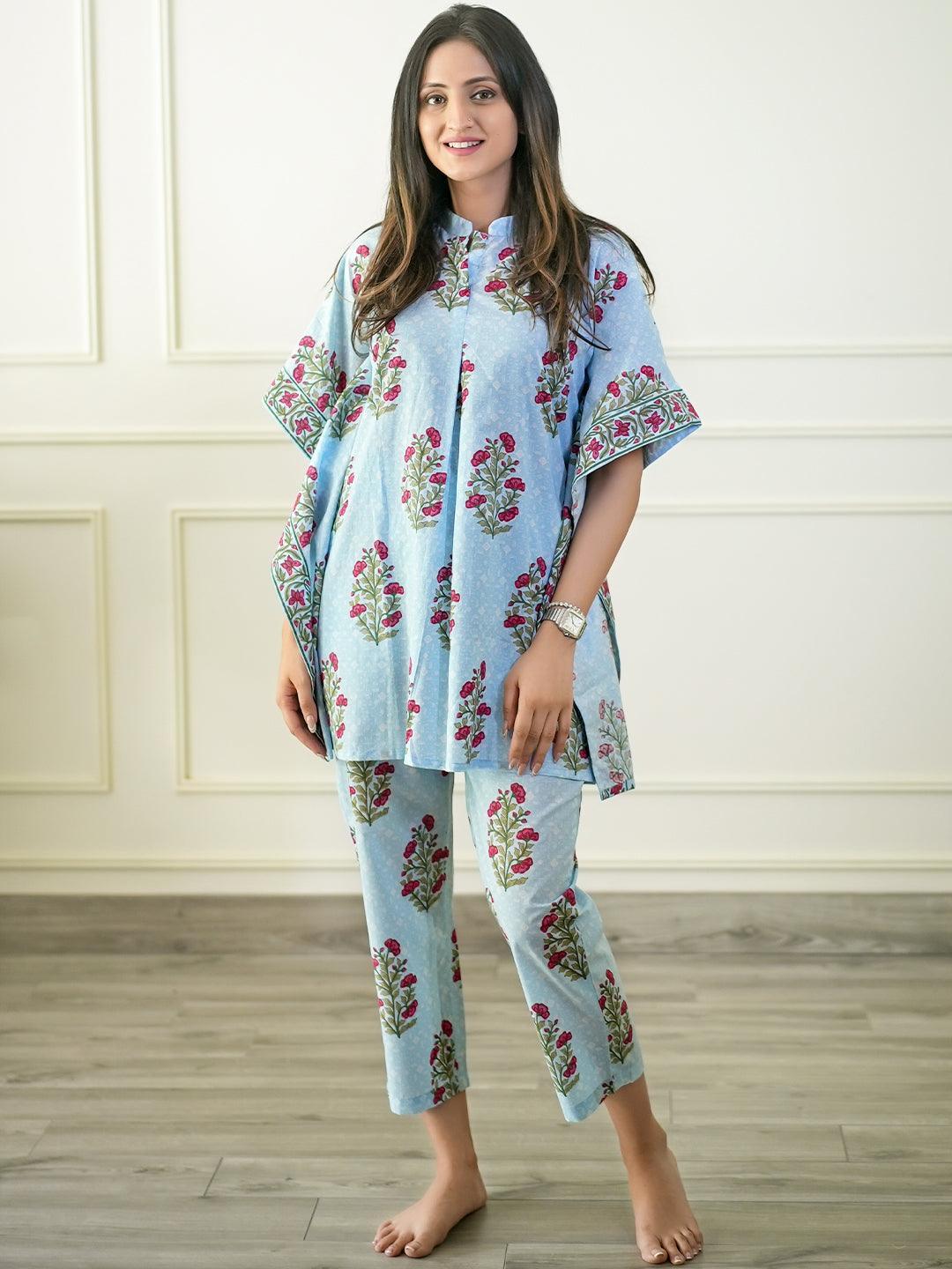 Blue Printed Cotton Night Suit - ShopLibas