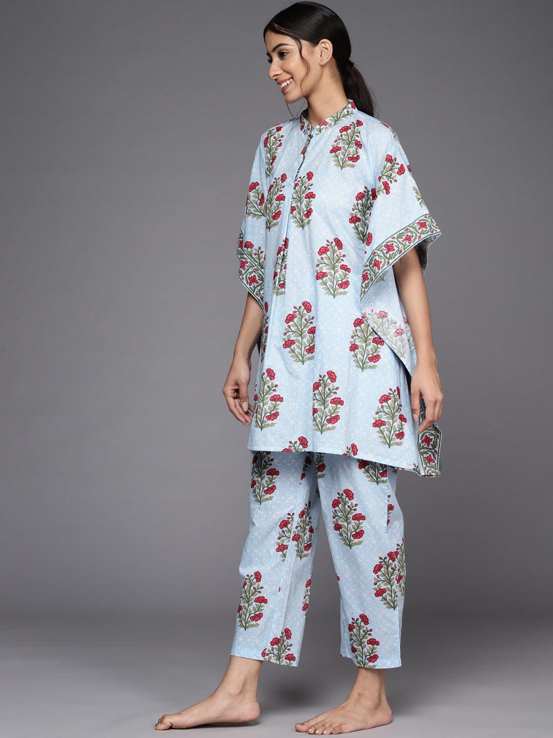 Blue Printed Cotton Night Suit - ShopLibas 
