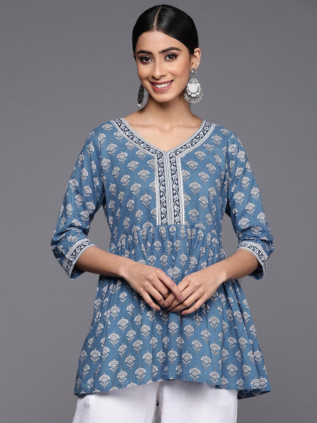 Blue Printed Cotton A-Line Kurti - ShopLibas