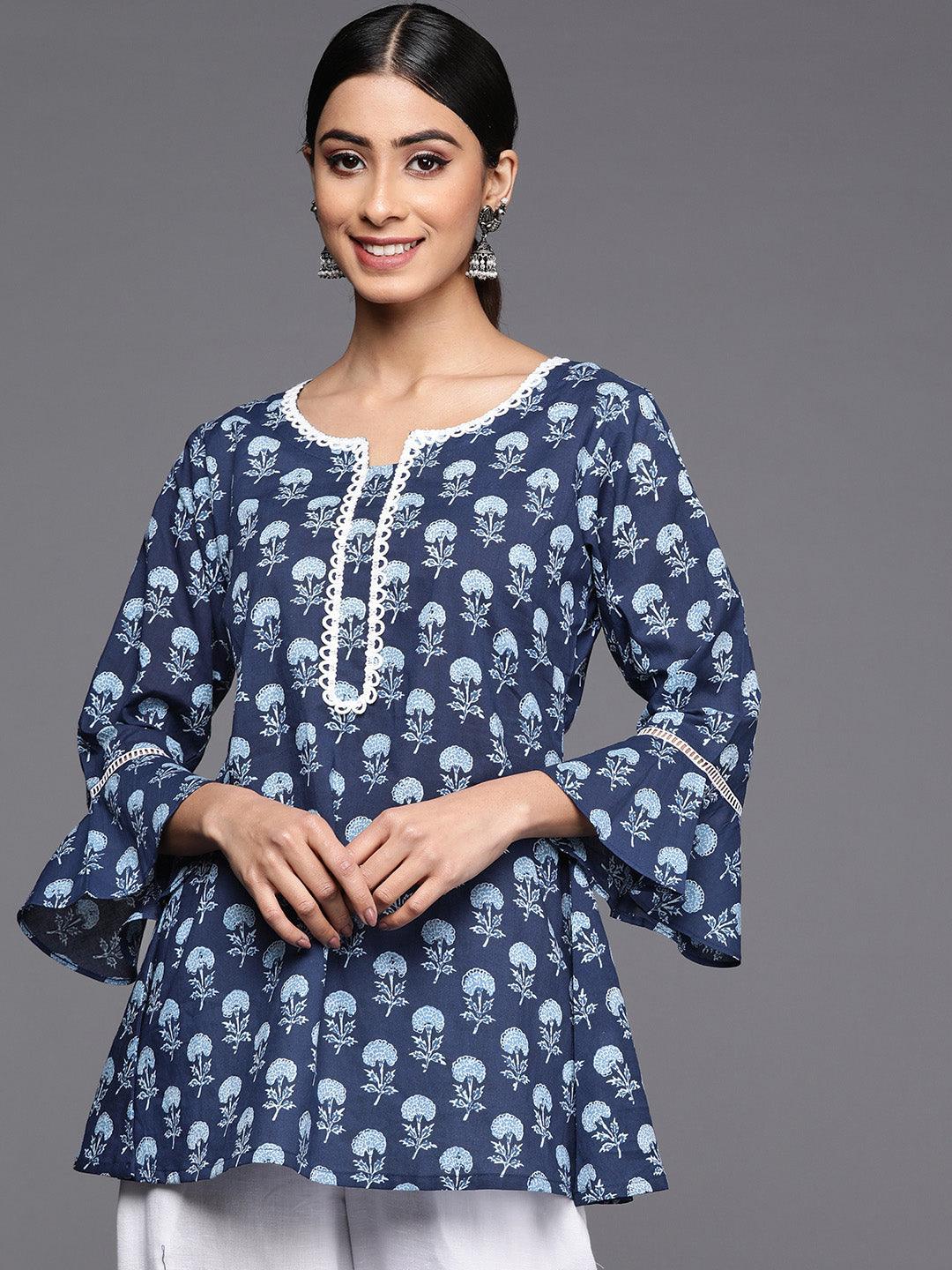 Blue Printed Cotton A-Line Kurti - ShopLibas
