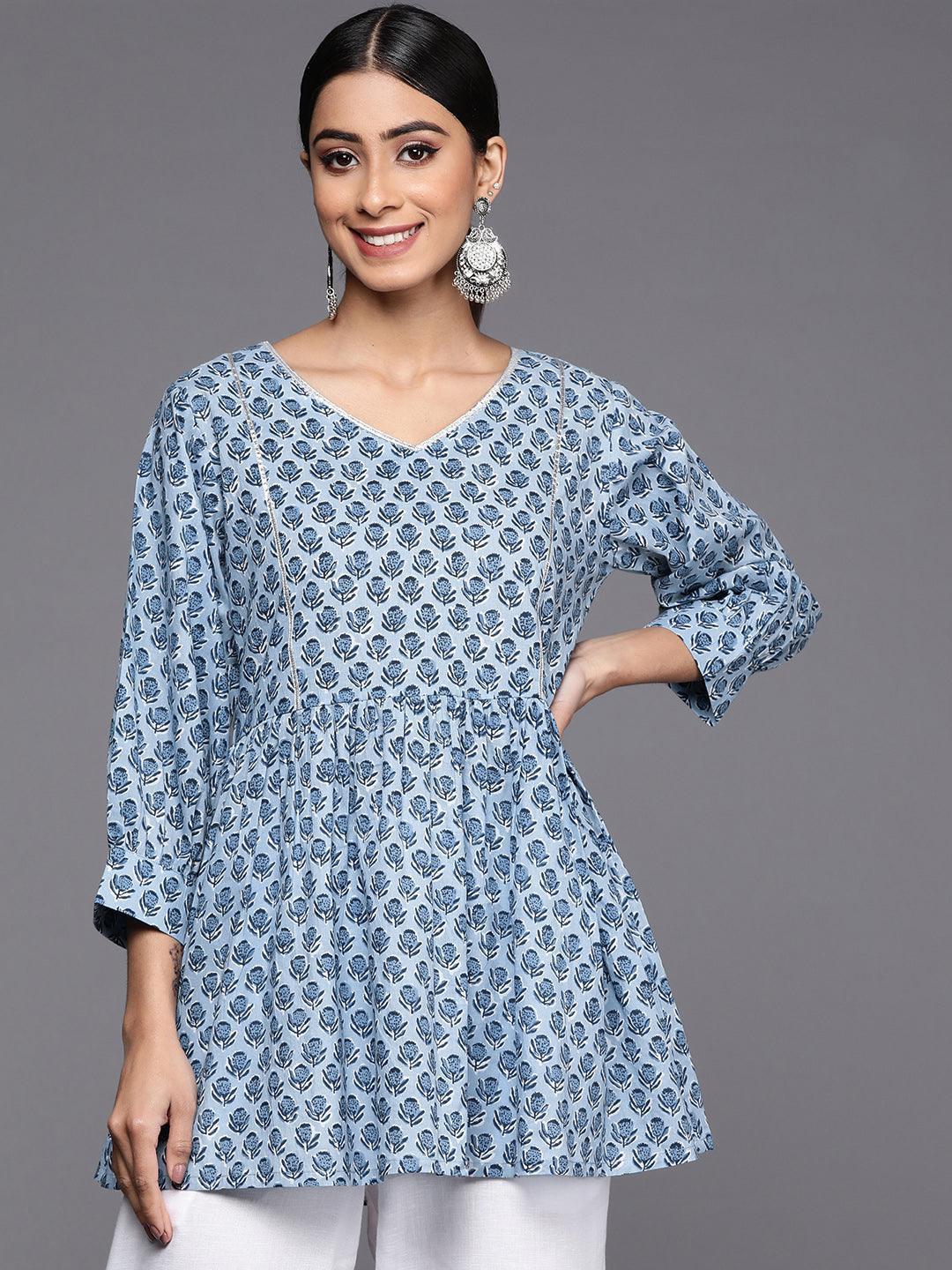 Blue Printed Cotton A-Line Kurti - ShopLibas