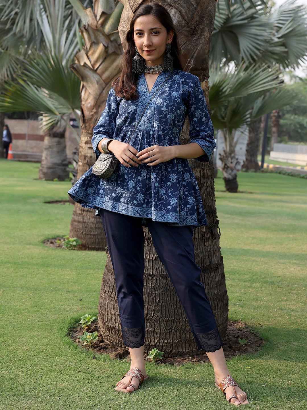 Blue Printed Cotton A-Line Kurti - ShopLibas